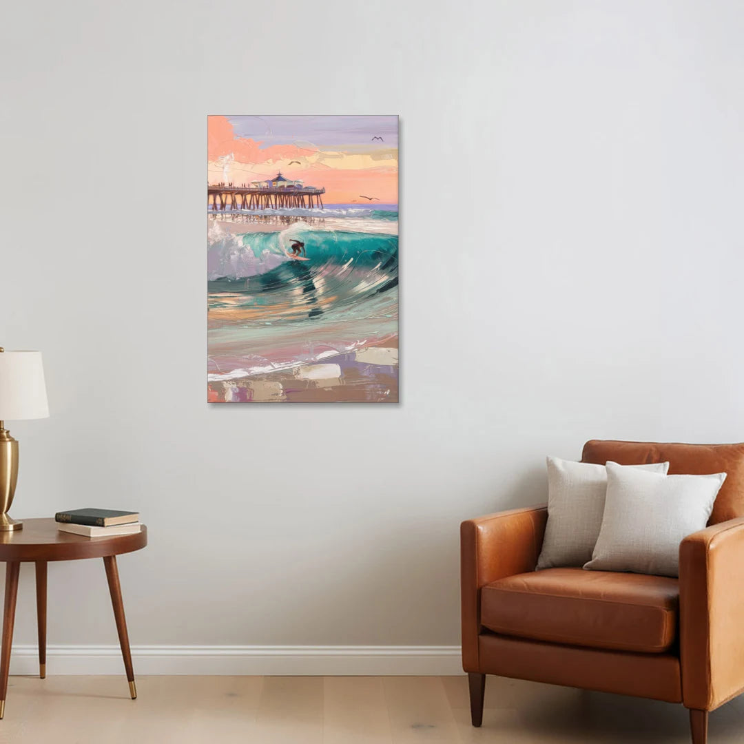 Huntington Beach Surfing Scene - Canvas Wall Art - Sofa - 24x36