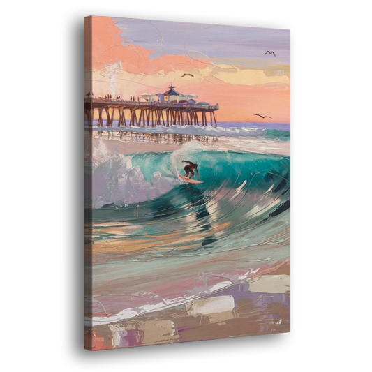 Huntington Beach Surfing Scene Side - Canvas Wall Art