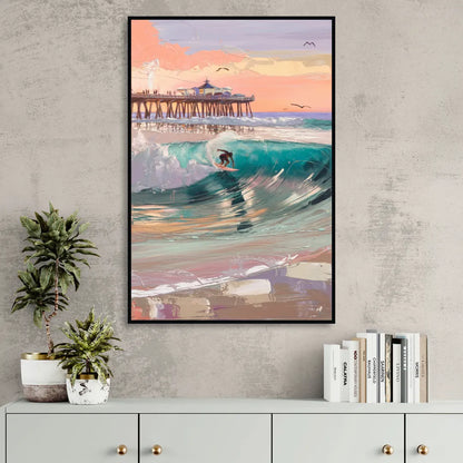 Huntington Beach Surfing Scene Sitting Room - Black Canvas Wall Art