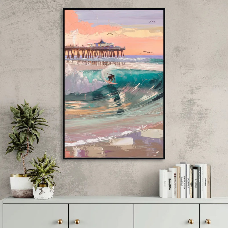 Huntington Beach Surfing Scene Sitting Room - Black Canvas Wall Art
