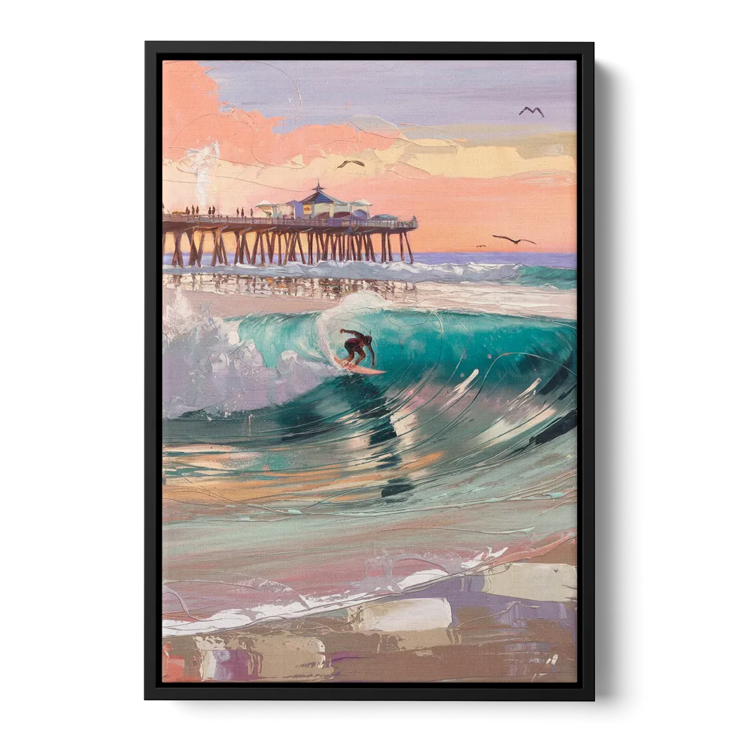 Huntington Beach Surfing Scene Front - Black Canvas Wall Art