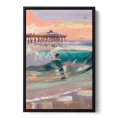 Huntington Beach Surfing Scene Front - Black Canvas Wall Art