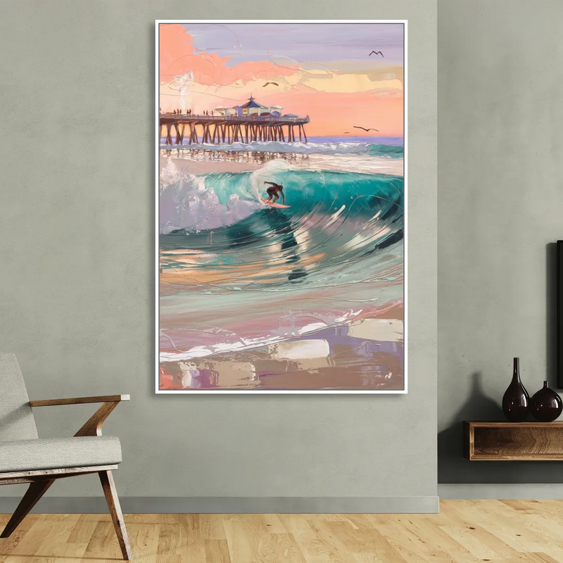 Huntington Beach Surfing Scene Living Room - White Canvas Wall Art