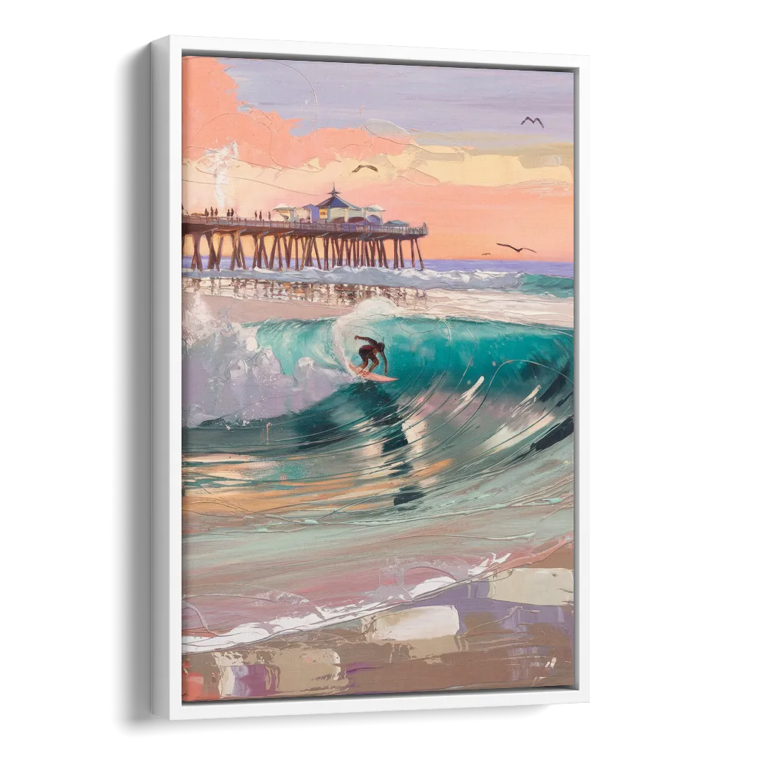 Huntington Beach Surfing Scene Side - White Canvas Wall Art