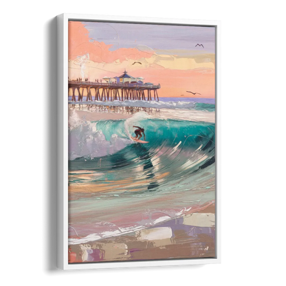 Huntington Beach Surfing Scene Side - White Canvas Wall Art