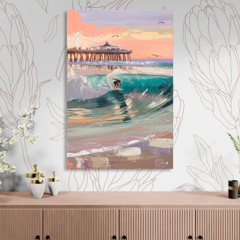 Huntington Beach Surfing Scene Living Room - Canvas Wall Art