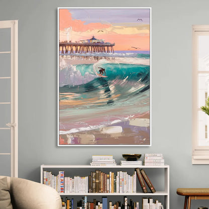 Huntington Beach Surfing Scene Sitting Room - White Canvas Wall Art