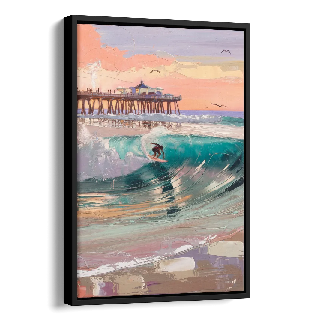 Huntington Beach Surfing Scene Side - Black Canvas Wall Art