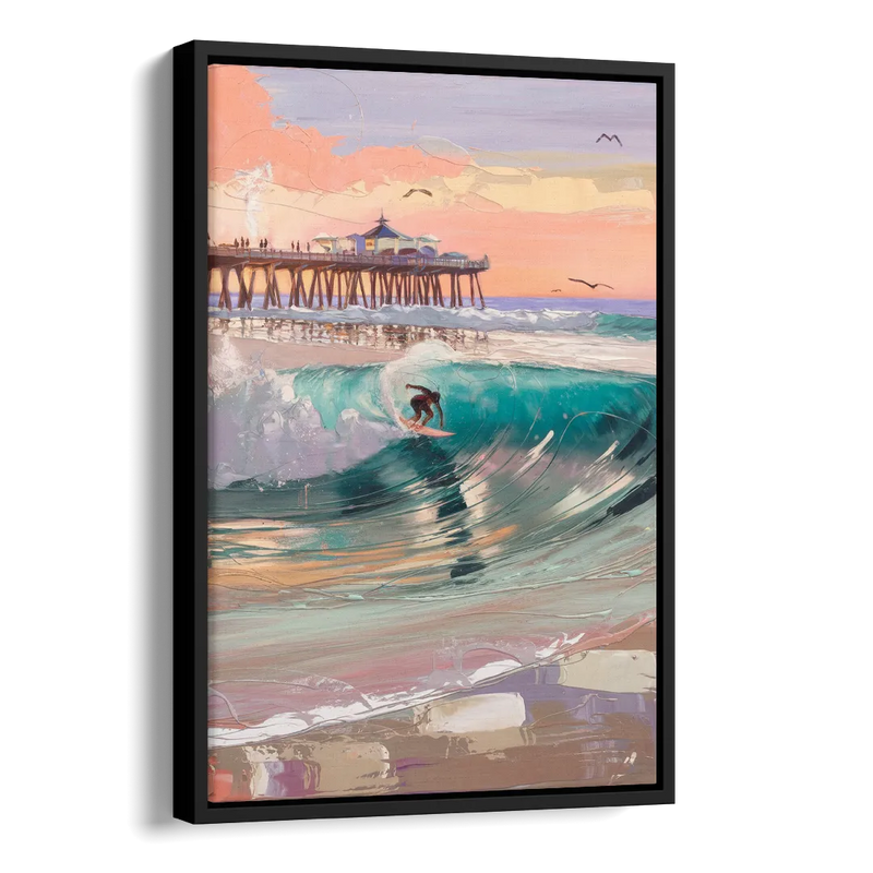 Huntington Beach Surfing Scene Side - Black Canvas Wall Art