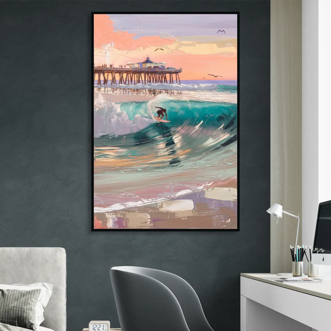 Huntington Beach Surfing Scene Living Room - Black Canvas Wall Art