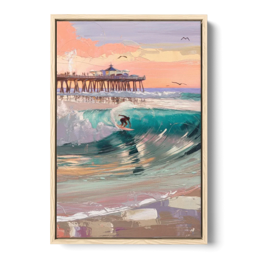 Huntington Beach Surfing Scene - Oak Framed Canvas Wall Art - Front