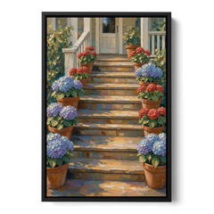 Hydrangea Wall Art on the Sunlit Porch Steps - Black Framed Canvas Wall Art - Front
