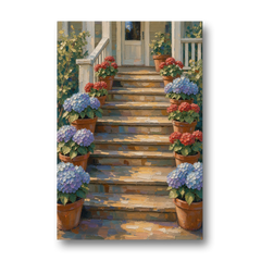 Hydrangea Wall Art on the Sunlit Porch Steps - Canvas Wall Art - Front