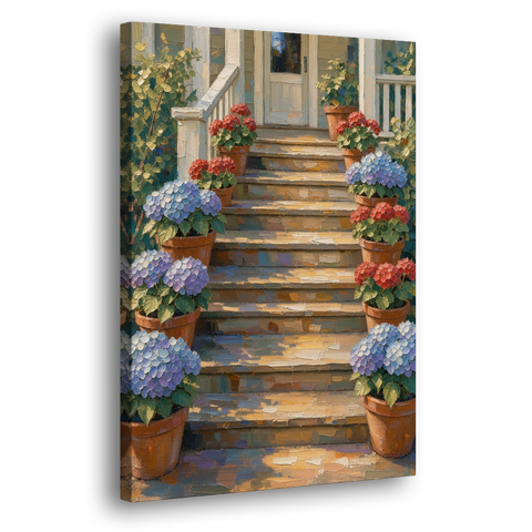 Hydrangea Wall Art on the Sunlit Porch Steps - Canvas Wall Art - Side