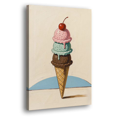 Ice Cream Cone Painting with a Cherry on Top - Canvas Wall Art - Side