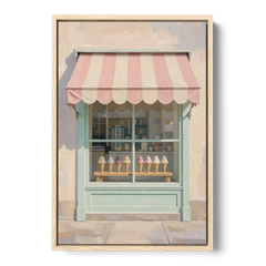 Ice Cream Shop Decor of a Striped Awning Window - Oak Framed Canvas Wall Art - Front