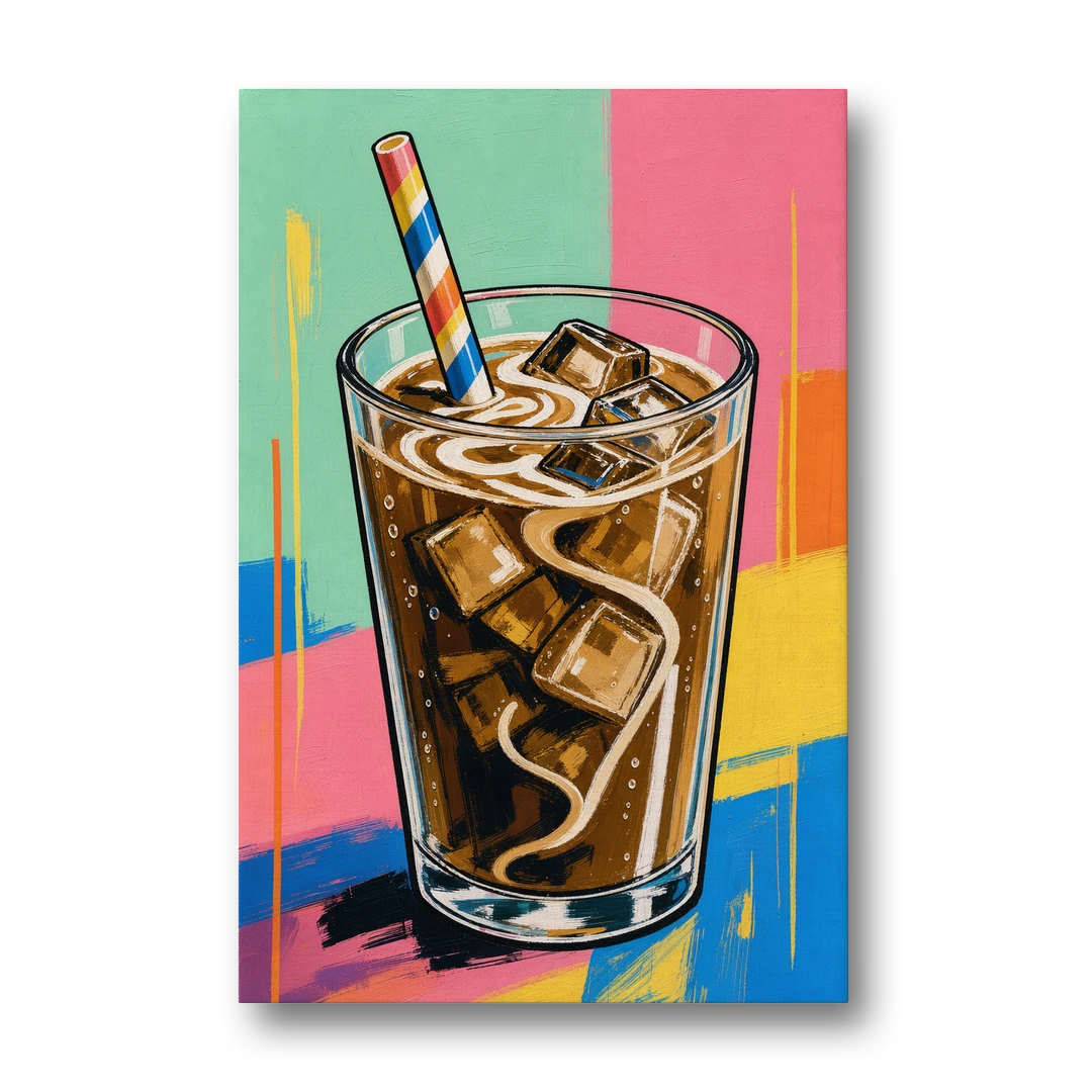 Iced Coffee With a Striped Straw - Canvas Wall Art - Front
