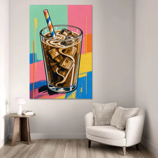 Modern Iced Coffee with a Striped Straw - Canvas Wall Art - Sofa - 40x60