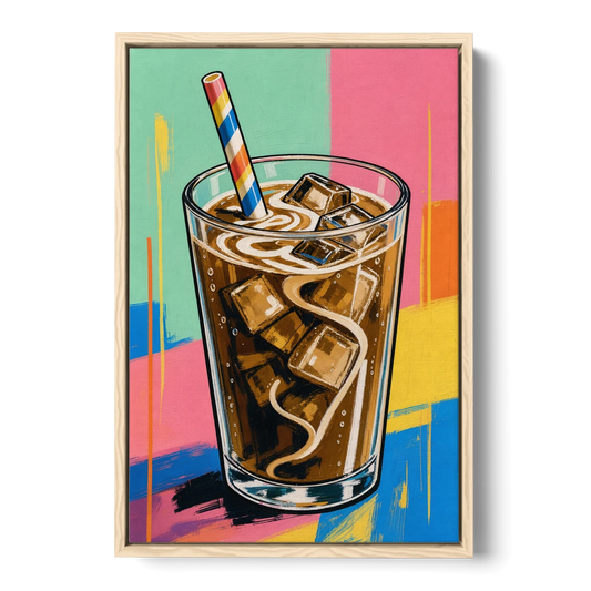 Modern Iced Coffee with a Striped Straw - Oak Framed Canvas Wall Art - Front