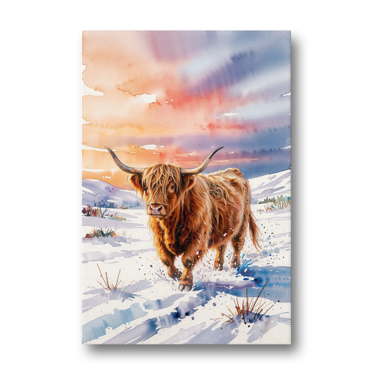 Iconic Highland Cow in Snow - Canvas Wall Art - Front