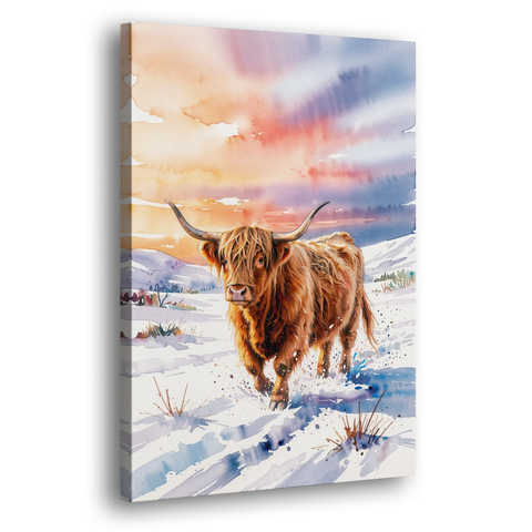 Iconic Highland Cow in Snow - Canvas Wall Art - Side