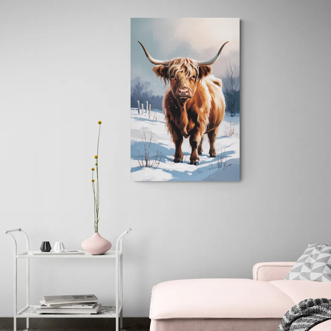Iconic Highland Cow in Snow - Canvas Wall Art Living Room