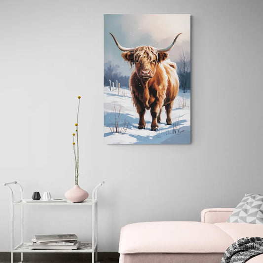 Iconic Highland Cow in Snow - Canvas Wall Art Living Room