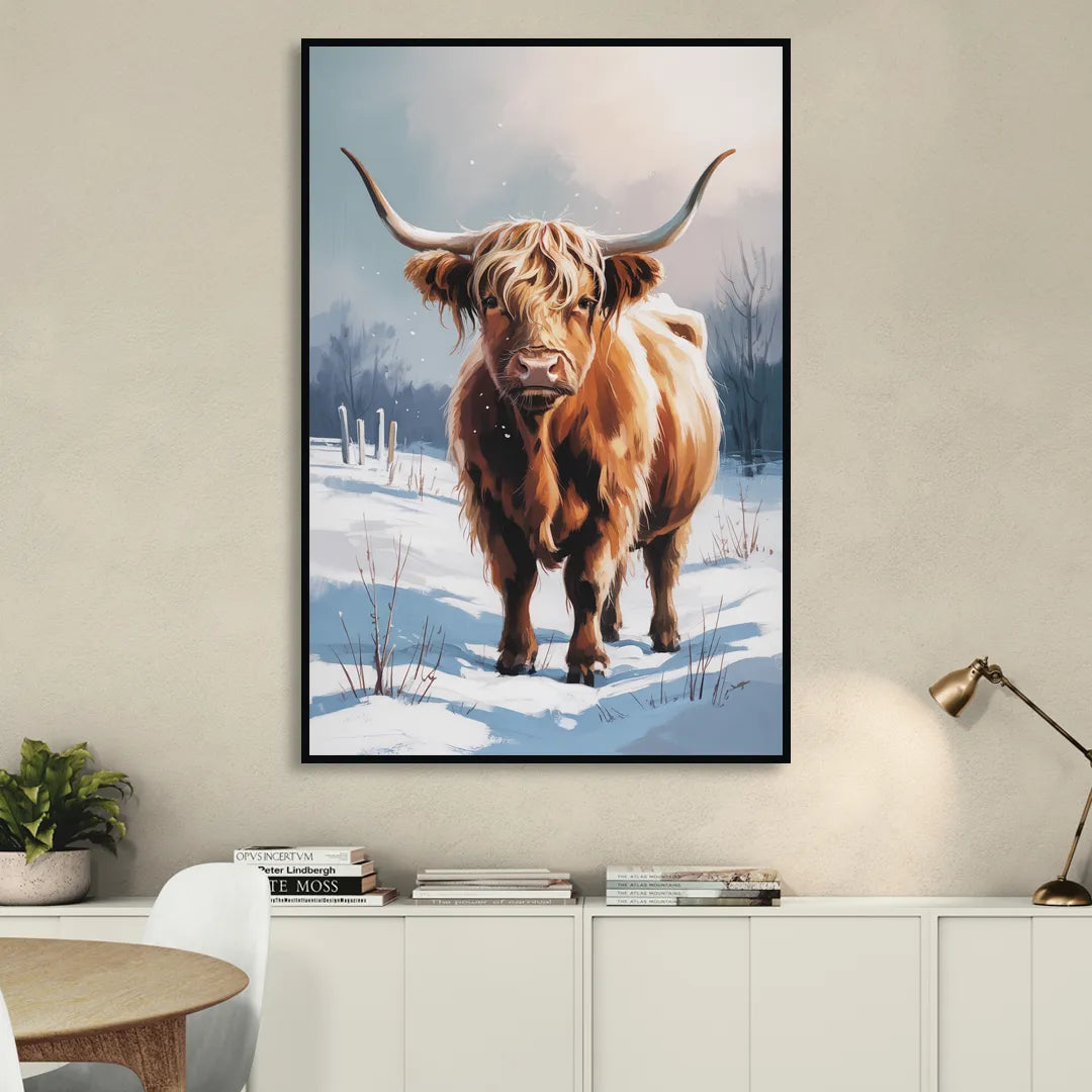 Iconic Highland Cow in Snow Sitting Room - Black Canvas Wall Art