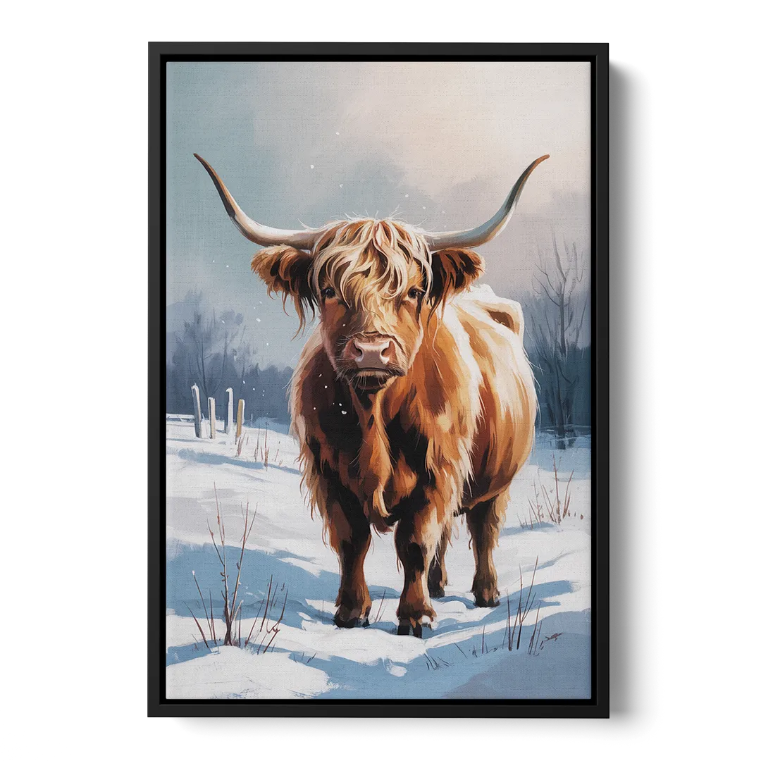 Iconic Highland Cow in Snow Front - Black Canvas Wall Art