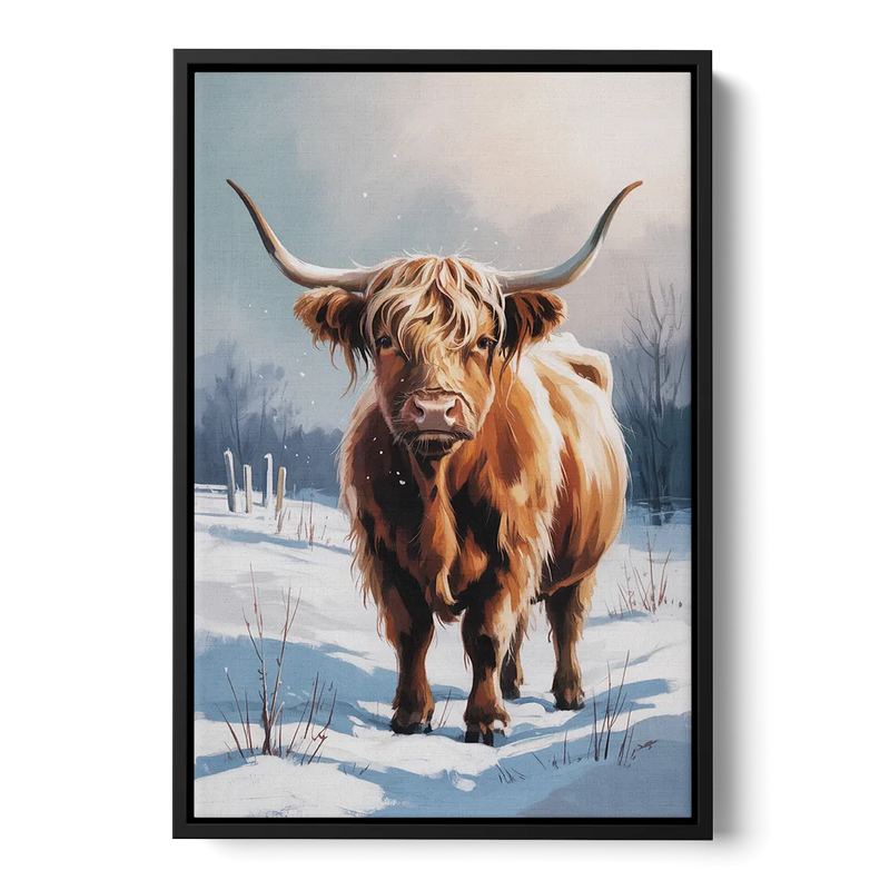 Iconic Highland Cow in Snow Front - Black Canvas Wall Art