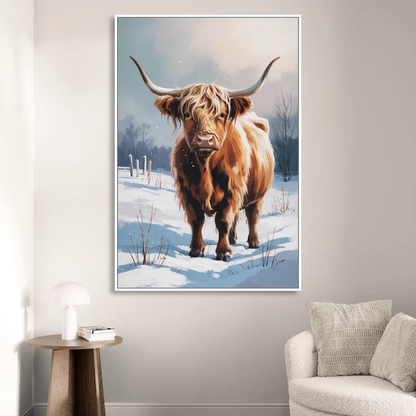 Iconic Highland Cow in Snow Sitting Room - White Canvas Wall Art