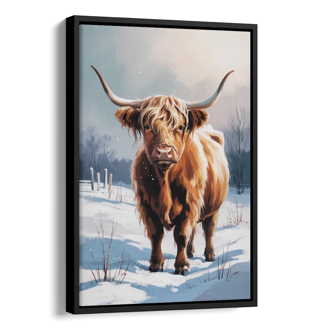 Iconic Highland Cow in Snow Side - Black Canvas Wall Art