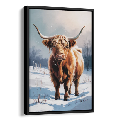 Iconic Highland Cow in Snow Side - Black Canvas Wall Art