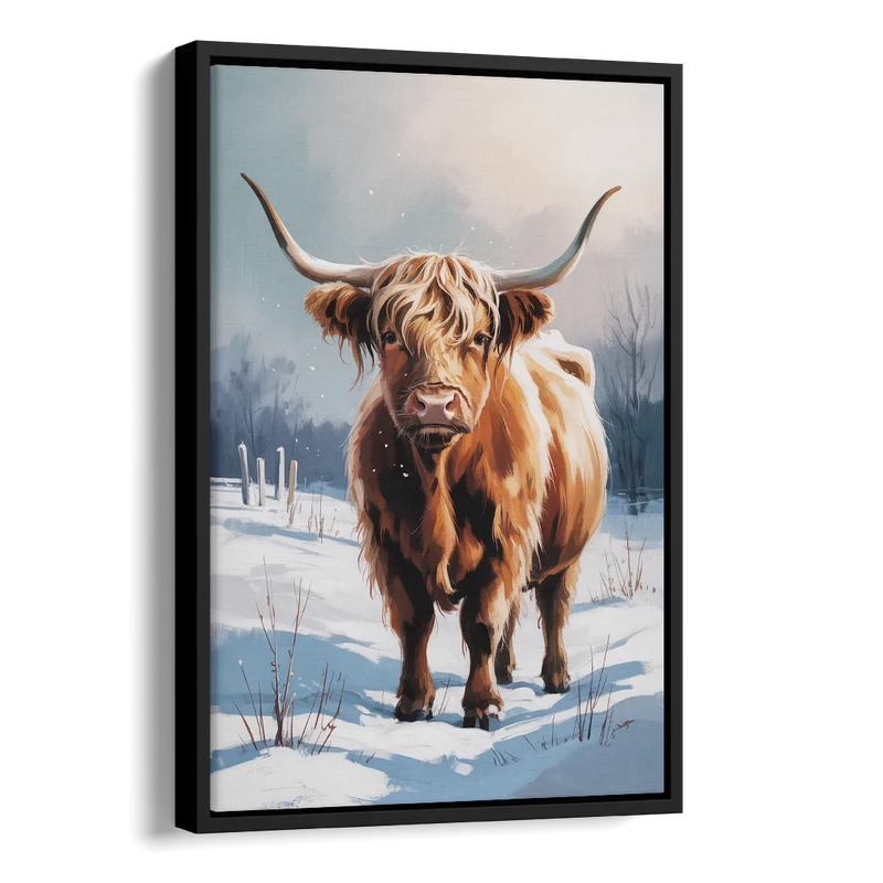 Iconic Highland Cow in Snow Side - Black Canvas Wall Art