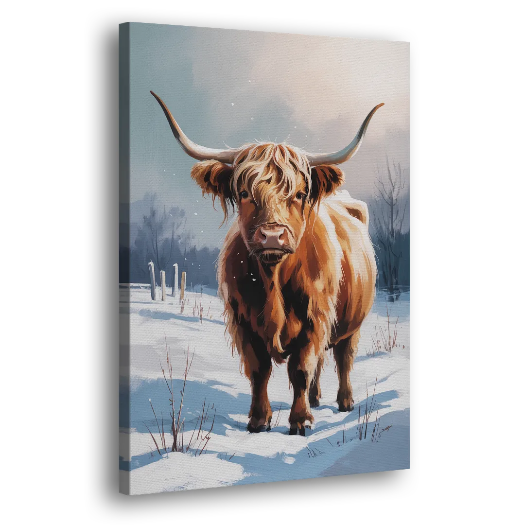 Iconic Highland Cow in Snow Side - Canvas Wall Art