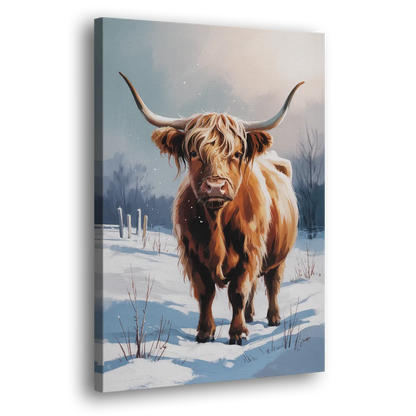 Iconic Highland Cow in Snow Side - Canvas Wall Art