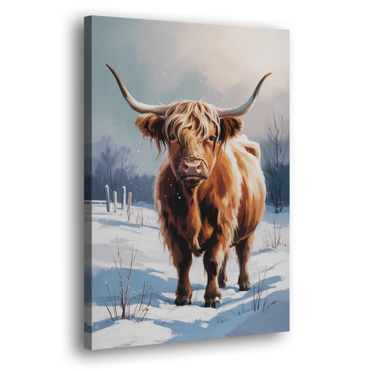 Iconic Highland Cow in Snow Side - Canvas Wall Art