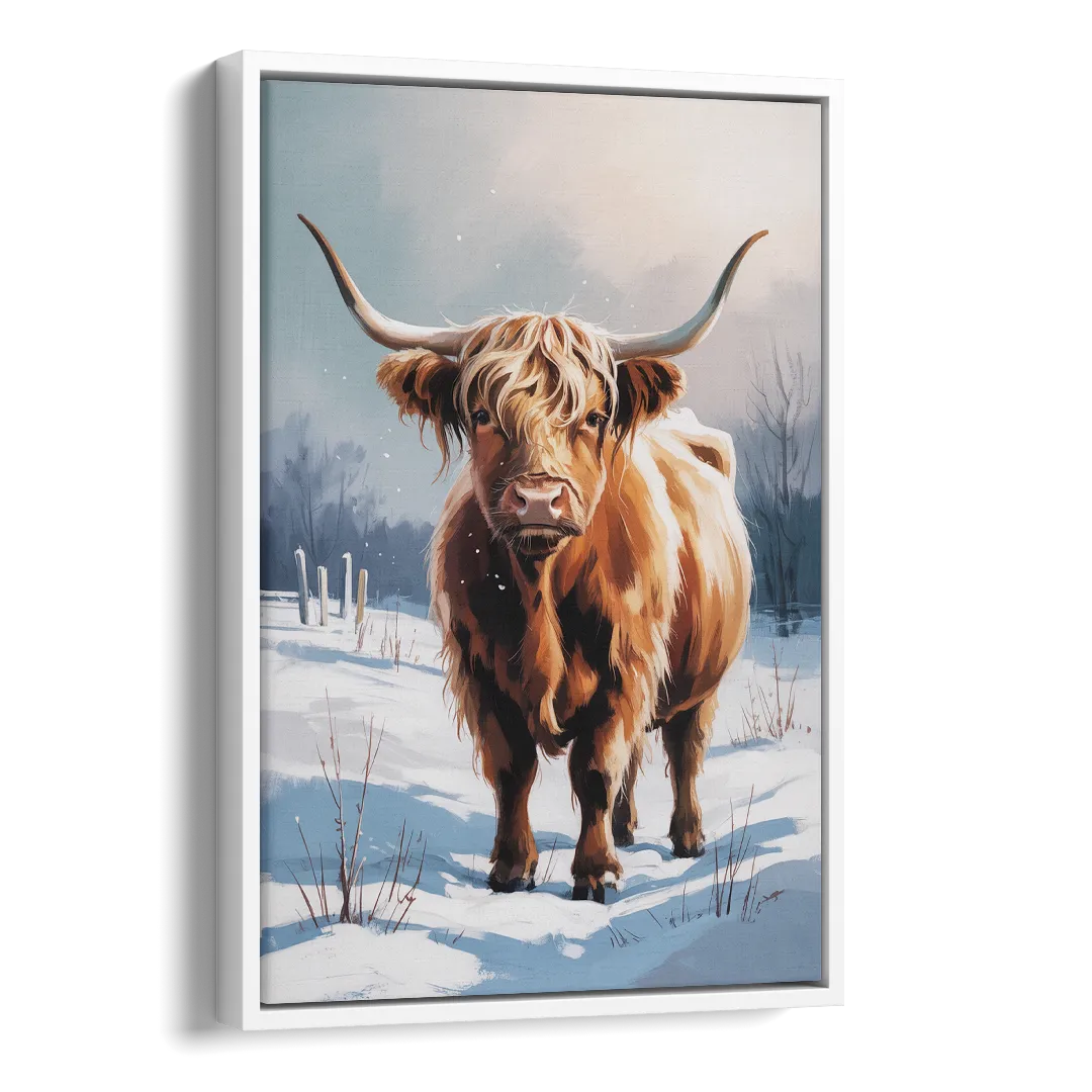 Iconic Highland Cow in Snow Side - White Canvas Wall Art