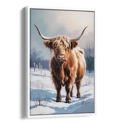 Iconic Highland Cow in Snow Side - White Canvas Wall Art