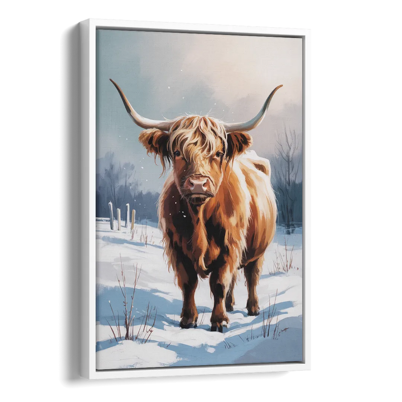 Iconic Highland Cow in Snow Side - White Canvas Wall Art