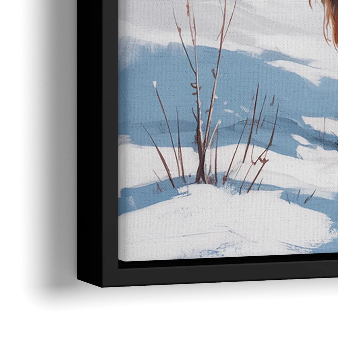 Iconic Highland Cow in Snow - Close-Up Black Frame Canvas