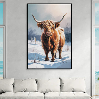 Iconic Highland Cow in Snow Living Room - Black Canvas Wall Art