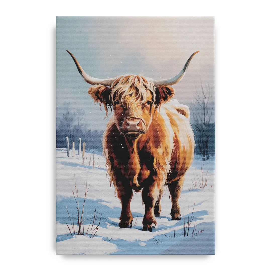 Iconic Highland Cow in Snow Front - Canvas Wall Art