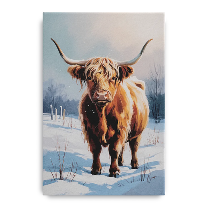Iconic Highland Cow in Snow Front - Canvas Wall Art