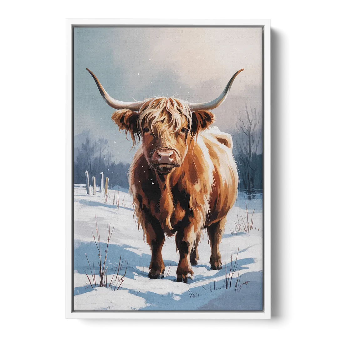 Iconic Highland Cow in Snow Front - White Canvas Wall Art