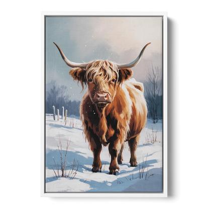 Iconic Highland Cow in Snow Front - White Canvas Wall Art