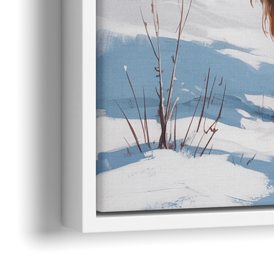 Iconic Highland Cow in Snow - Close-Up White Frame Canvas
