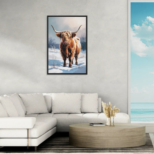 Iconic Highland Cow in Snow - Living Room Black Frame Canvas