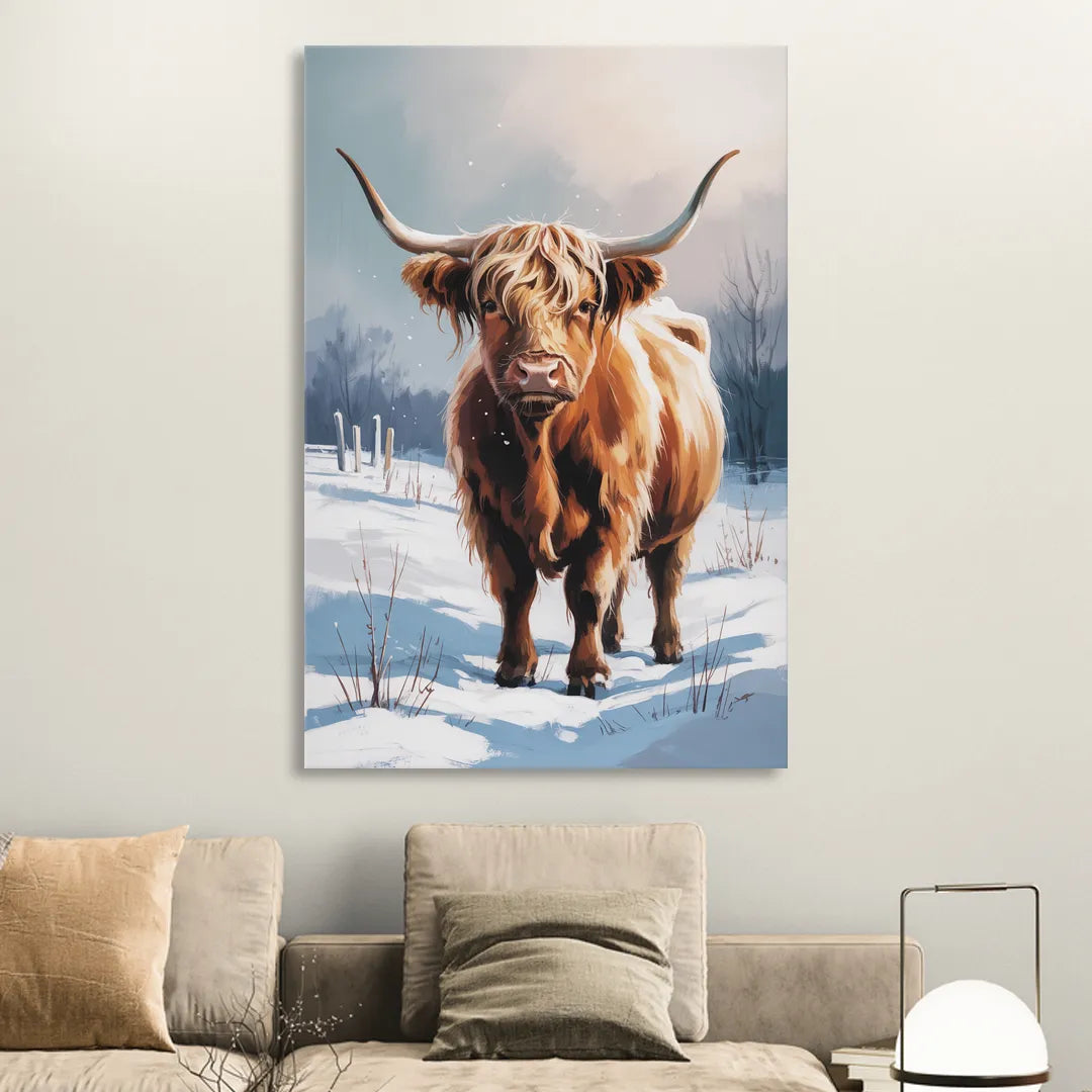 Iconic Highland Cow in Snow Sitting Room - Canvas Wall Art