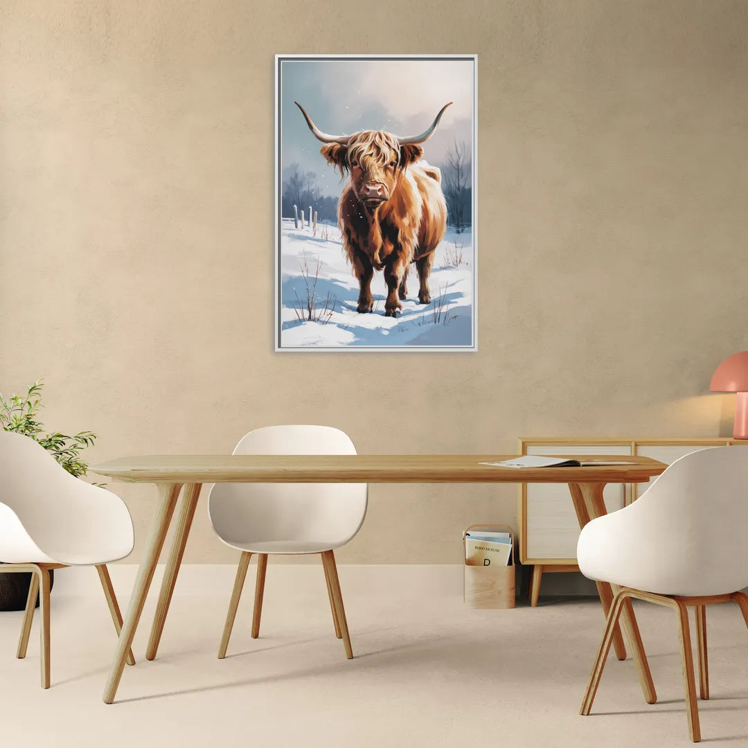 Iconic Highland Cow in Snow - Living Room White Frame Canvas